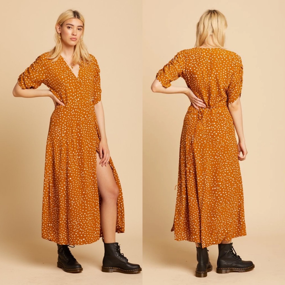 Faithfull the Brand Mustard Polka Dot Midi Dress